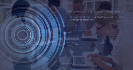 Collaborating office team wearing business casual in conference room, with laptops and HUD overlay