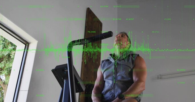 Man performing cardio workout on machine in home gym, wearing fitness watch with waveform overlay