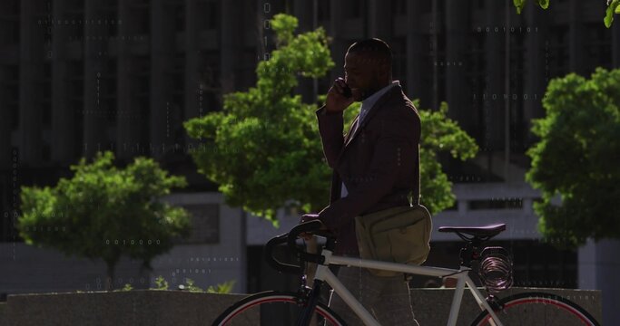 Talking businessman in blazer holding smartphone and white bike on city terrace, with messenger bag - Powered by Adobe