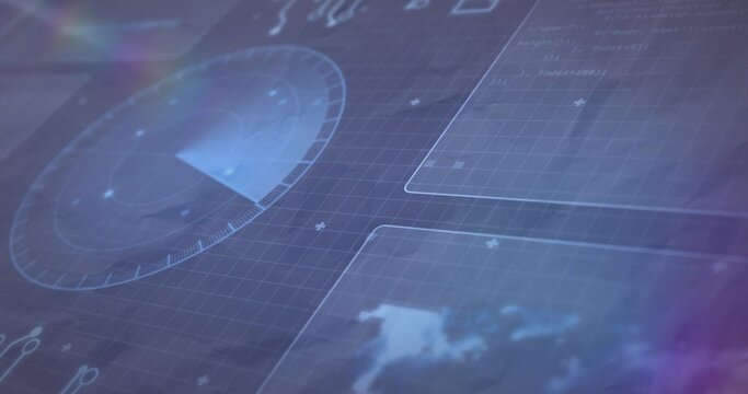 Circular radar display scanning on digital panel, with grid overlay, panels, map outline, flares