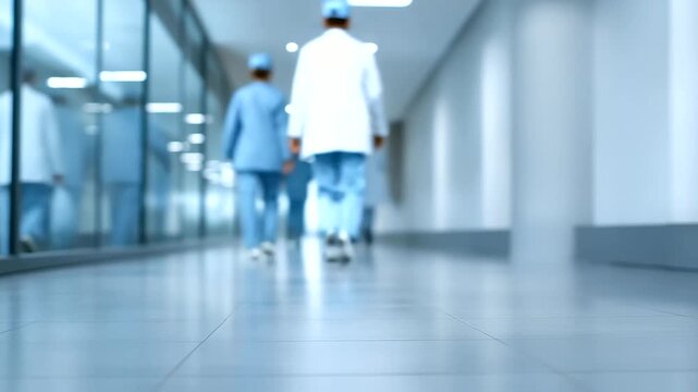 dynamic hallway with blurred motion of doctors and nurses moving quickly smart corridor layout healthcare logistics three quarter wide angle cinematic color correction gentle bac