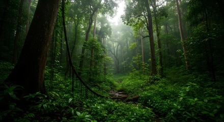 Fototapeta premium Dense green forest path winding through lush foliage and ancient trees under misty skies