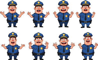 Cartoon police officer in blue uniform, various expressive poses, smiling, shouting, gesturing, law enforcement character, vector illustration