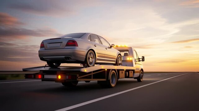 A tow truck transports a car on a highway during a vibrant sunset