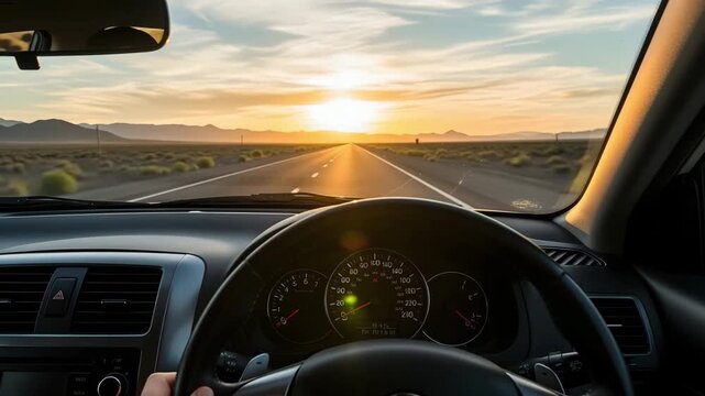 Driving into the sunset on a desert highway with a view from the drivers seat