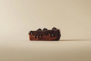 A delectable slice of rich chocolate cake, drizzled with decadent chocolate, presented against a neutral backdrop.