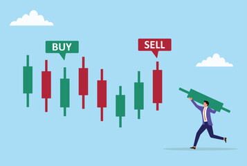 Fototapeta premium Vector illustration of a trader carrying a buy bar to add to a candlestick chart representing market activity, trading decisions, and investment growth 