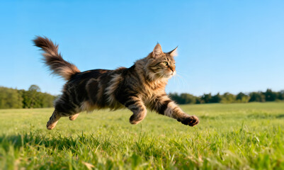 A cat is running through a field of grass