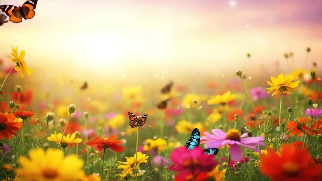 A vibrant meadow teeming with colorful flowers and fluttering butterflies, bathed in the warm glow of a setting sun, creating a serene and enchanting atmosphere ai generated vedio