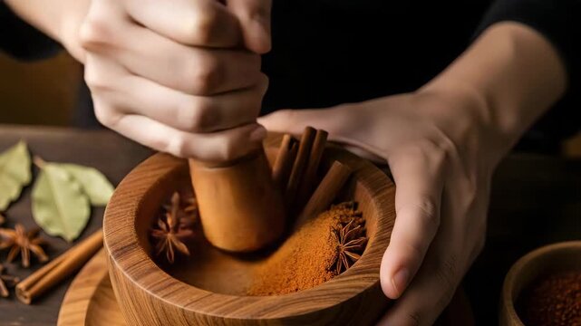 Hands grinding spices in a wooden mortar and pestle, creating aromatic blends