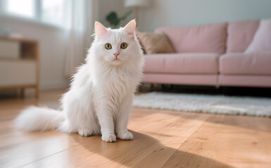 A white cat is sitting on a wooden floor in front of a pink couch
