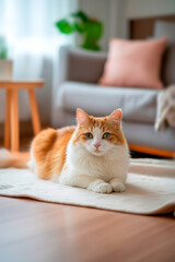 A cat is laying on a rug in a living room