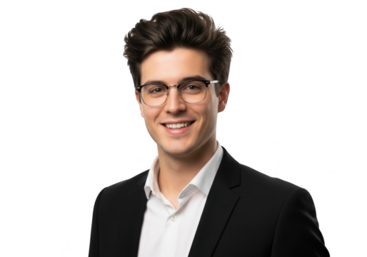 Smiling man in suit and glasses portrait professional headshot studio photography transparent background - Powered by Adobe