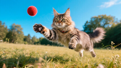 A cat is playing with a red ball in a grassy field