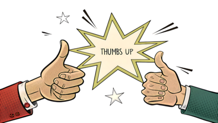 Two hands giving thumbs up with a starburst and text that says thumbs up isolated on transparent background