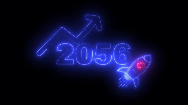 Blue neon 2056 year with upward arrow graph and rocket ship icon on black background new year