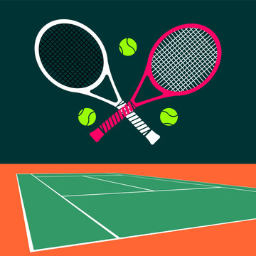 Tennis racket vector illustration featuring crossed pink and white racquets with neon tennis balls over a green court background, perfect for sports logo design, tournament posters, or clip art assets