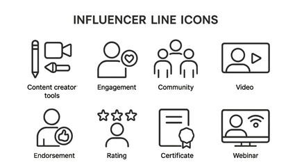Influencer line icons showcasing various aspects of content creation and engagement in a digital community