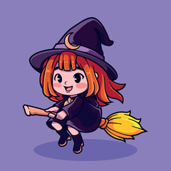 Little Female Witch Flying with Broom Vector Illustration. Isolated Cartoon People Holiday Object Icons.