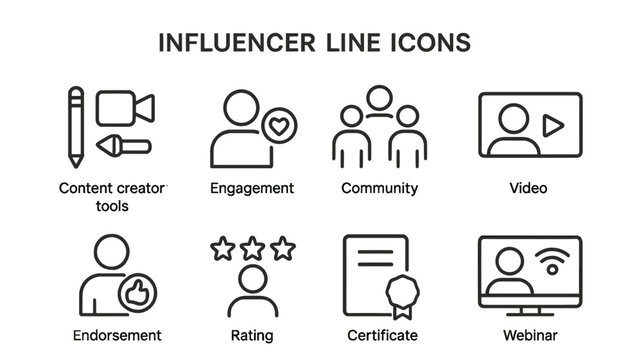 Influencer line icons showcasing various aspects of content creation and engagement in a digital community