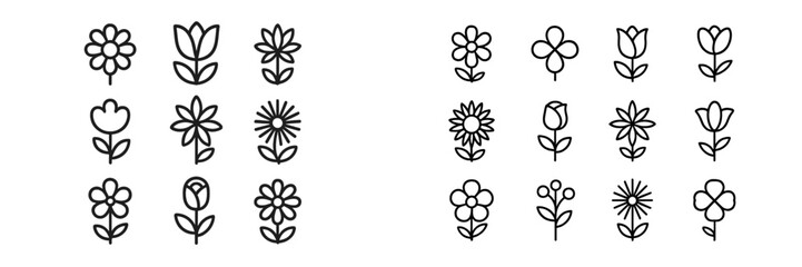 Collection of simple line drawings of various flowers in different styles and shapes