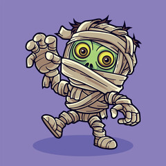 Spooky Mummy Walking Forward Vector Illustration. Isolated Cartoon People Holiday Object Icons.