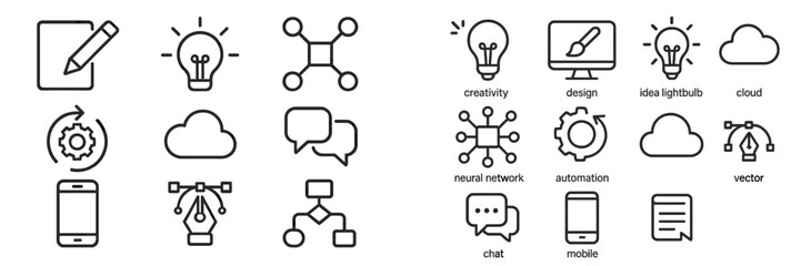 Icons representing creativity, design, and technology in a modern digital workspace