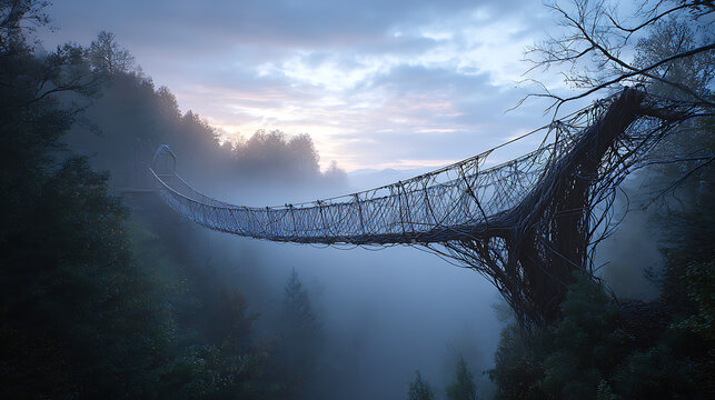 A living root bridge in meghalaya, india, shrouded in mist and mystery, showcases the harmony between nature and human innovation in a serene landscape