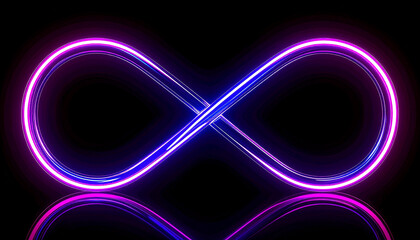 Neon infinity symbol, crisp glowing edges and detailed reflections, isolated on black backdrop