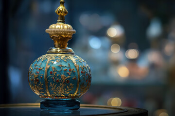Elegant vintage perfume bottle with golden details and ornate design. Luxury fragrance and beauty concept.