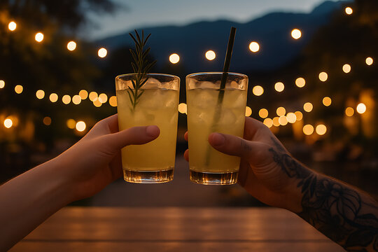 a couple toasting with refreshing cocktails with a sprig of rosemary and a straw in a cozy outdoor setting with string lights and mountain views - Powered by Adobe