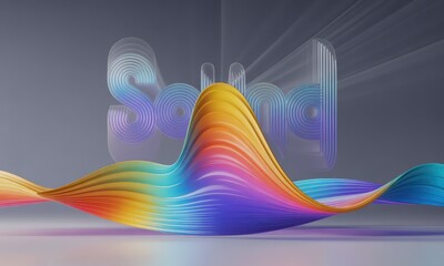 A vibrant, abstract design features a word art presentation of "sound" with multicolored, wavy, layered forms creating a dynamic composition.