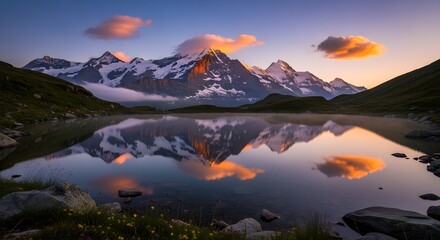 Majestic snow capped mountains reflected in a calm alpine lake at sunrise with colorful clouds