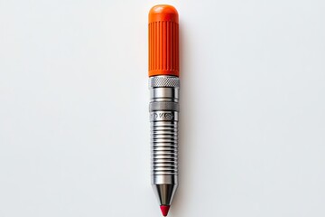 A metallic mechanical pencil with an orange top and a red tip sits atop a plain white surface.