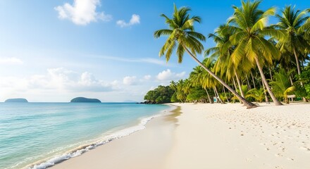 Serene white sand beach lined with palm trees and turquoise ocean water under a blue sky