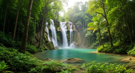 Cascading waterfall flows into a clear turquoise pool surrounded by lush green tropical rainforest vegetation