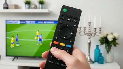 A hand holds a remote control pointed at a television displaying a soccer game, creating a scene of home entertainment and leisure activity ai generated vedio - Powered by Adobe