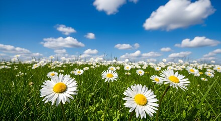 Field of white daisies with yellow centers under a vibrant blue sky with scattered white clouds