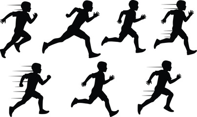 Vector silhouettes of a runner in various poses, illustrating speed, fitness, and sport.