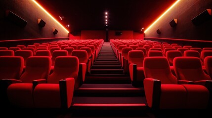 Fototapeta premium Empty red-seated movie theater with glowing lights in dark auditorium