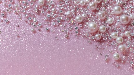 Luxurious pearls and sparkling gems on pink glitter background
