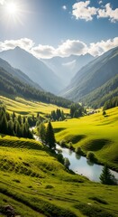 Majestic mountain valley with a winding river and sunlit green hills Nature