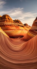 Swirling sandstone formations with layered textures under a cloudy sky