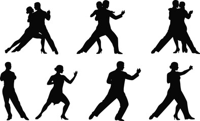 Vector silhouettes of passionate tango dancers, depicting elegant couples and individual performance.