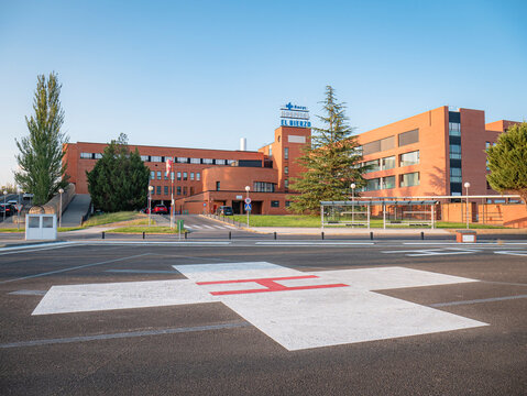 Ponferrada, Leon, Spain, 09-04-2025: View from the helipad of the El Bierzo University Hospital (HUBI), a healthcare center located in the city of Ponferrada and belonging to the SACYL