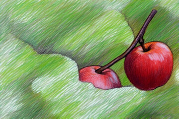 A fresh, red apple with a green leaf is ripe and ready to eat, a healthy and delicious snack.