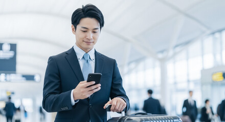 空港でスマートフォンを操作するビジネスマン