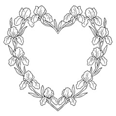 Heart-shaped wreath with iris flowers in soft colors.