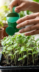Hands watering a tray of healthy green seedlings in dark soil with a small green watering can