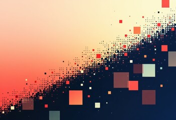 A dynamic graphic design featuring a vibrant array of squares in various shades of orange, red, and beige, set against a gradient background of peach and navy blue.